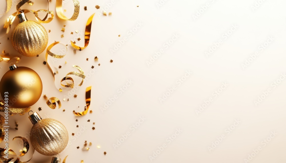 Fototapeta premium A delightful arrangement of golden Christmas ornaments and shimmering ribbons designed to enhance festive celebrations, creating a warm, inviting atmosphere for holiday gatherings.