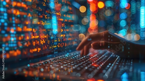 Glowing Code on Laptop with Blurred City Background