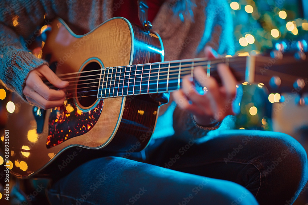 Obraz premium Person playing guitar by festive lights at winter gathering