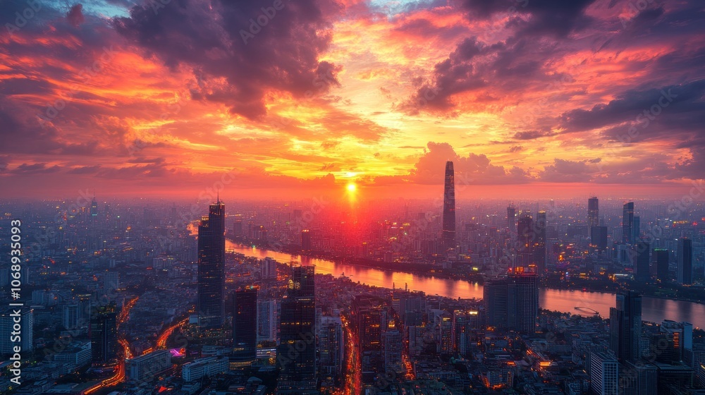 Obraz premium Vibrant sunset over a modern city skyline with a river winding through it.