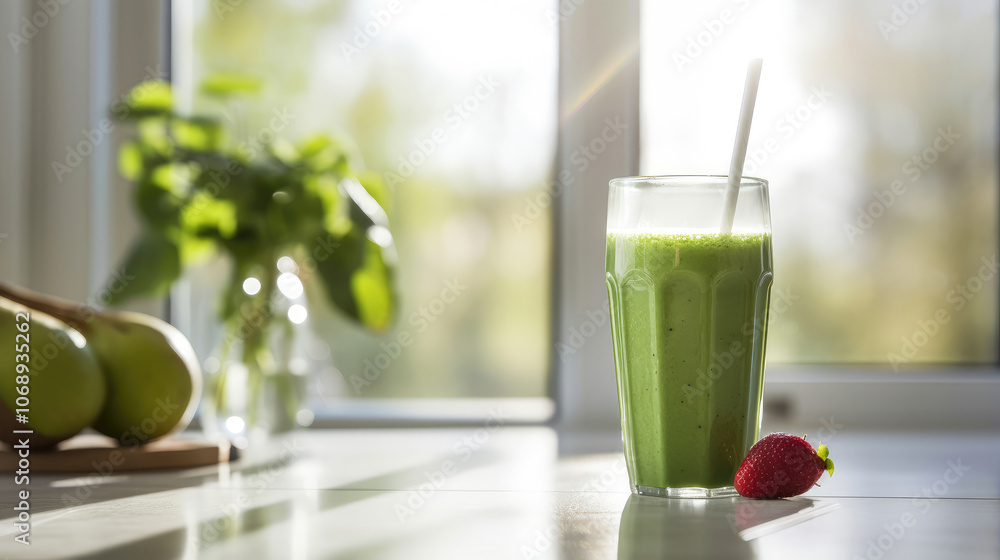 Fresh Morning Green Smoothie in Sunny Kitchen Fresh Morning Green Smoothie in Sunny Kitchen