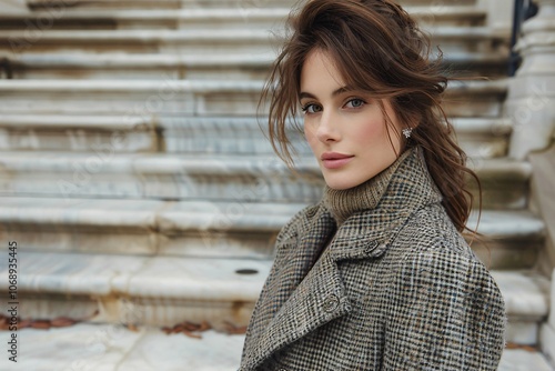 A young woman stands elegantly on marble steps, wearing a fashionable coat and a cozy turtleneck. Her hair is styled loosely, giving a relaxed yet chic look. The scene reflects an autumn ambiance