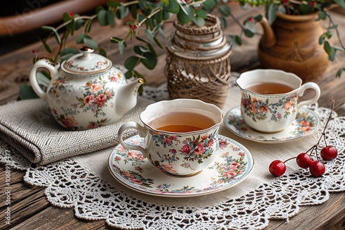 A beautifully arranged tea setting features floral patterned cups and teapot on a rustic wooden table accompanied by a small vase of greenery and delicate lace