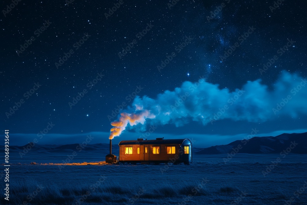Cozy Cabin Under Starry Night Sky With Smoke From Chimney Cozy Cabin Under Starry Night Sky With Smoke From Chimney