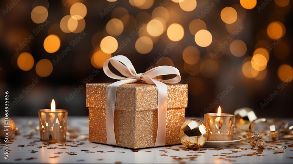 Classic white gift box adorned with a gold ribbon and surrounded by confetti, ideal for luxurious gift presentations. Classic white gift box adorned with a gold ribbon and surrounded by confetti, ideal for luxurious gift presentations.