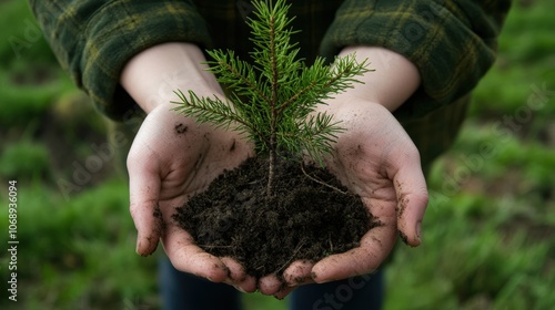 Hands holding seedling.