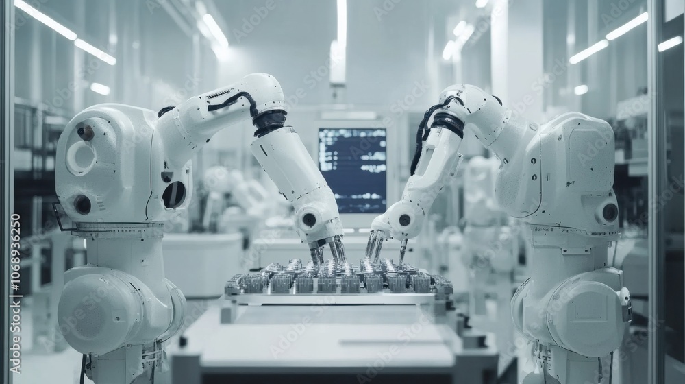 Automated robotic arms assembling parts Automated robotic arms assembling parts