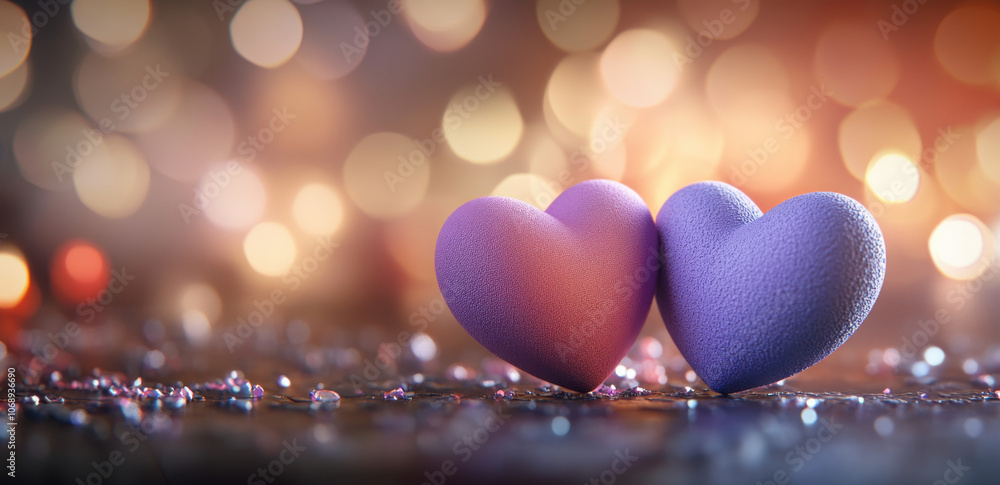 Fototapeta premium 3D purple and pink hearts on a blurred background with bokeh lights, a romantic love concept for a Valentine's Day celebration. 