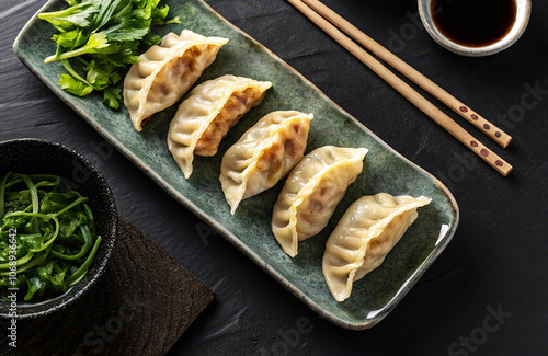 Top view of gyoza plate near bowls of soy sauce and greens during lunch on black table