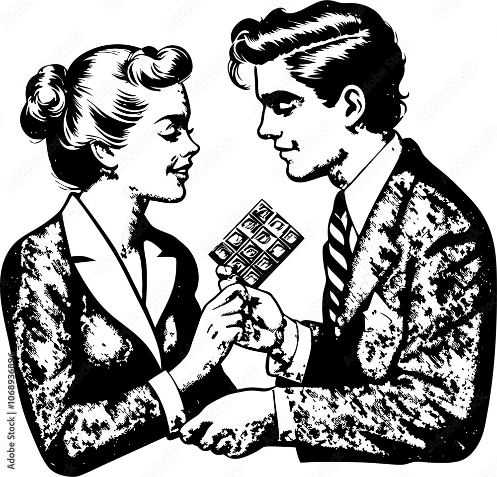 Businessman presenting a chocolate bar to a businesswoman in a vintage style, commemorating love and cherished moments Businessman presenting a chocolate bar to a businesswoman in a vintage style, commemorating love and cherished moments