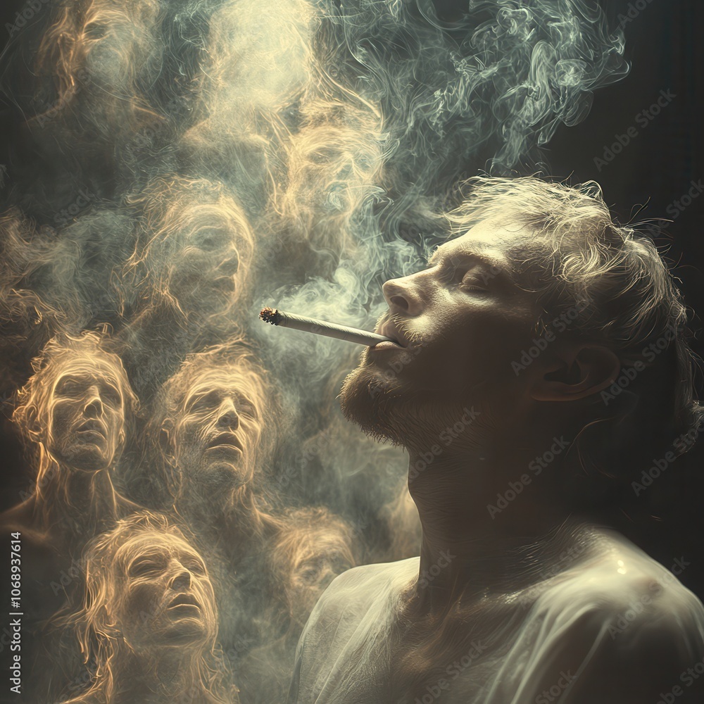Obraz premium Portrait of Contemplation with Smoke and Faces