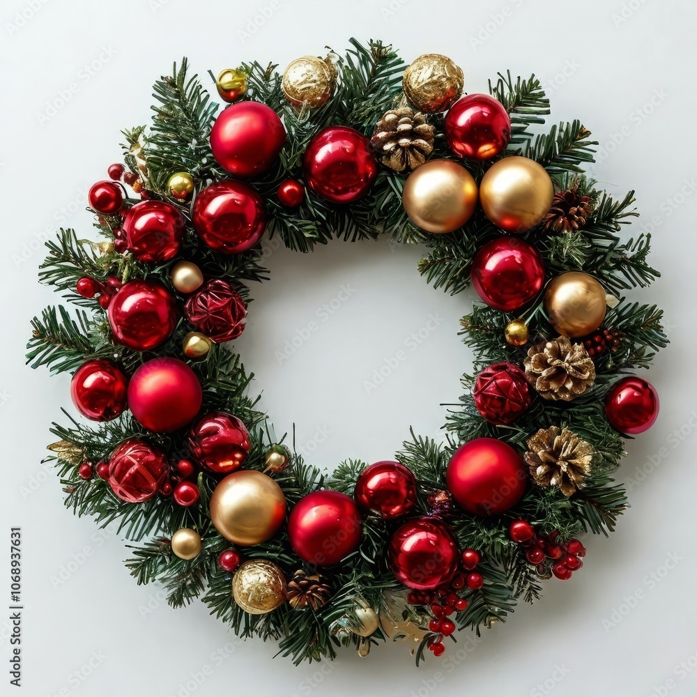 Traditional Christmas wreath featuring vibrant baubles, pine sprigs, and winter berries. Festive, luxurious, and full of holiday spirit for home decor or seasonal marketing visuals. Traditional Christmas wreath featuring vibrant baubles, pine sprigs, and winter berries. Festive, luxurious, and full of holiday spirit for home decor or seasonal marketing visuals.
