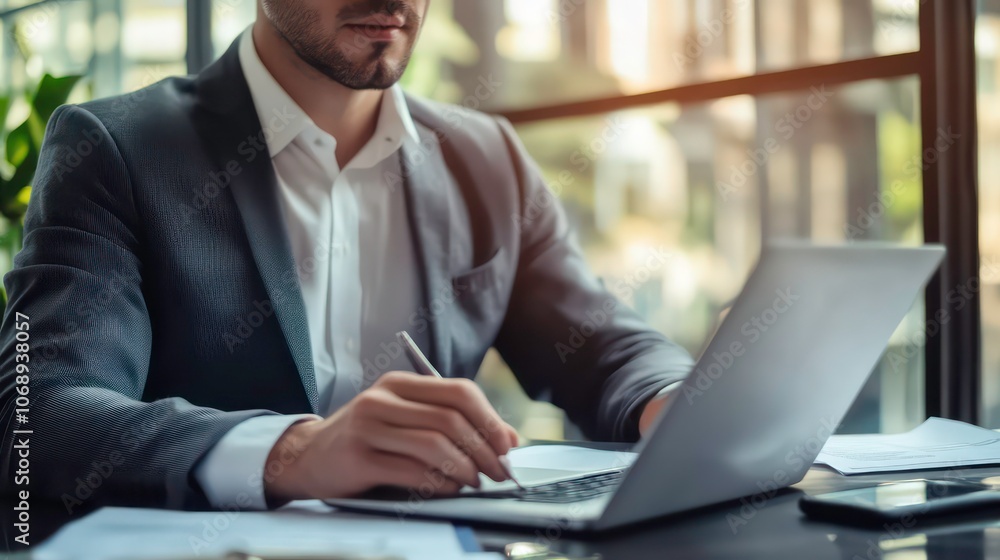 A man in a suit working on a laptop, taking notes in a modern office setting. A man in a suit working on a laptop, taking notes in a modern office setting.