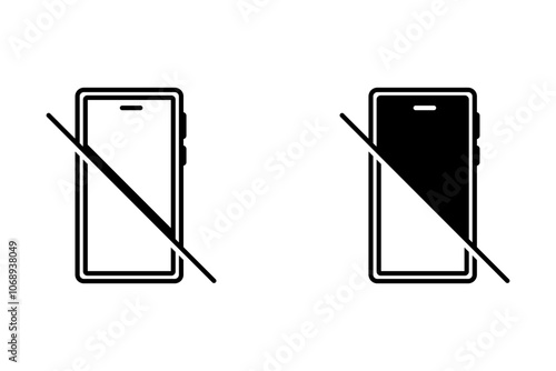 no phone icon, cellphone prohibited, off mobile please, stop using device, ban zone, thin line symbol on white background 