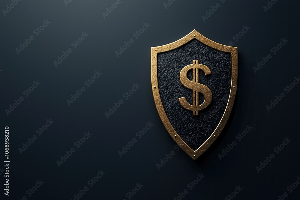 Modern shield symbolizing wealth with a bold carved dollar sign emblem Modern shield symbolizing wealth with a bold carved dollar sign emblem
