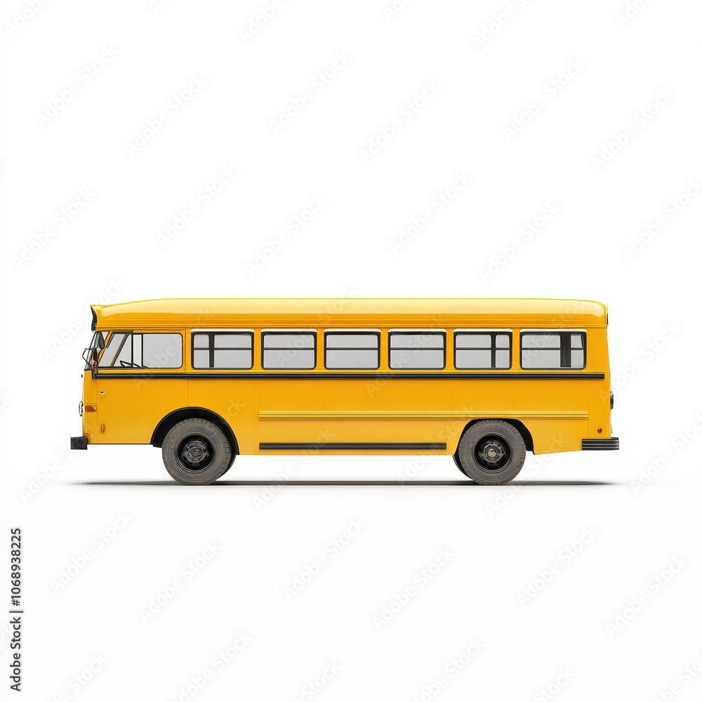 Sunny day with parked yellow school bus, clear detail, isolated on white background Sunny day with parked yellow school bus, clear detail, isolated on white background