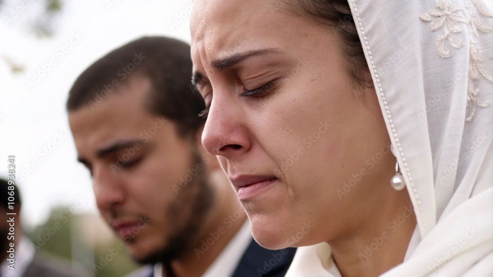 Close-up of grieving Eastern woman in white scarf during ceremony, expressing emotions of farewell Close-up of grieving Eastern woman in white scarf during ceremony, expressing emotions of farewell