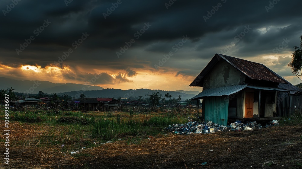 A dilapidated house near a garbage pile under a dramatic sky at dusk. A dilapidated house near a garbage pile under a dramatic sky at dusk.