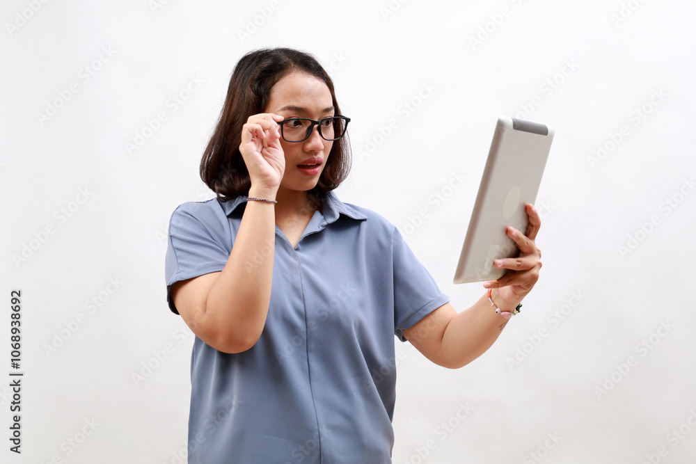 Surprised millennial asian business woman touching eyeglasses, looking at digital tablet screen, received unexpected news, big discount, sale offer concept, isolated on white background. Surprised millennial asian business woman touching eyeglasses, looking at digital tablet screen, received unexpected news, big discount, sale offer concept, isolated on white background.