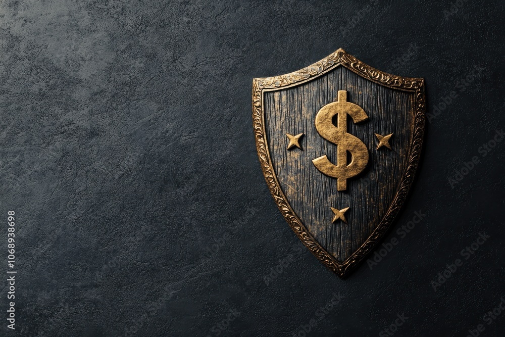 Shield symbolizing wealth a carved dollar sign and stars design for financial protection Shield symbolizing wealth a carved dollar sign and stars design for financial protection