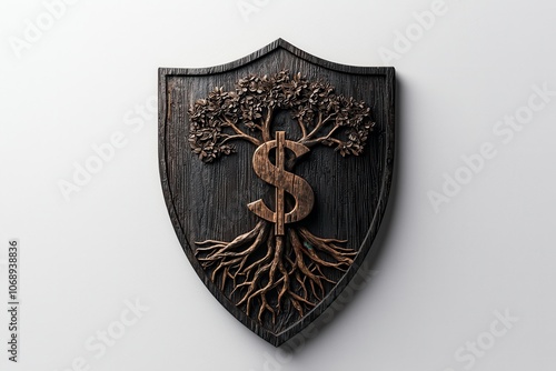 The unique shield design featuring a carved dollar sign and tree symbolizing prosperity and growth