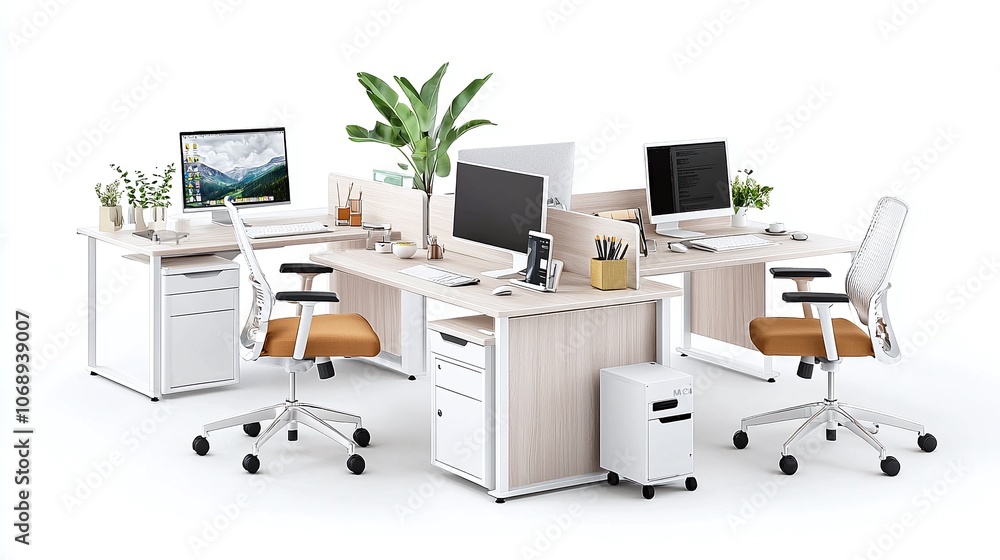 Modern office workspace with two desks and chairs. Modern office workspace with two desks and chairs.