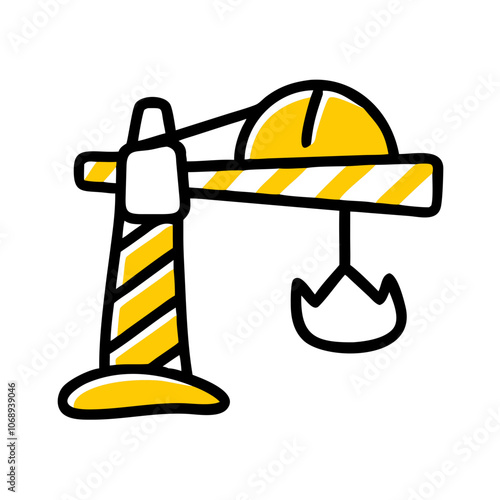 a construction crane features bold black outlines with yellow and white stripes