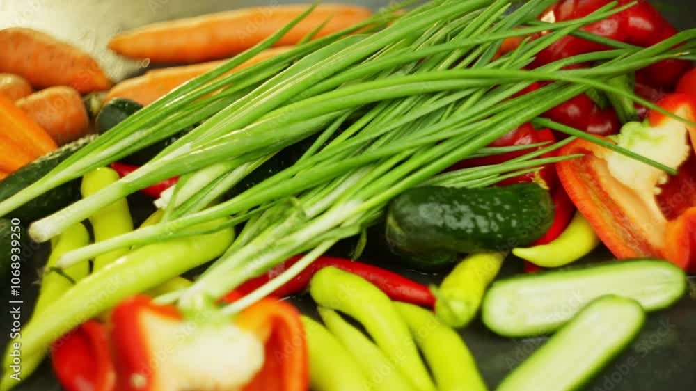 Fresh green onions fall on colorful vegetables laid out on the table. High quality FullHD footage Fresh green onions fall on colorful vegetables laid out on the table. High quality FullHD footage