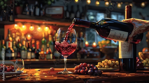 A hand carefully pours red wine into a glass on a rustic wooden table. The bottle sits nearby, and the table is set for a cozy dinner, creating an intimate and relaxing atmosphere