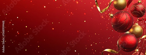 ball decorations isolated on red festive background, banner with copy space for text greetings for Christmas or New Year holidays