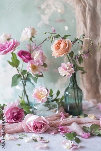 A bunch of pink and white roses in a vase on a table.