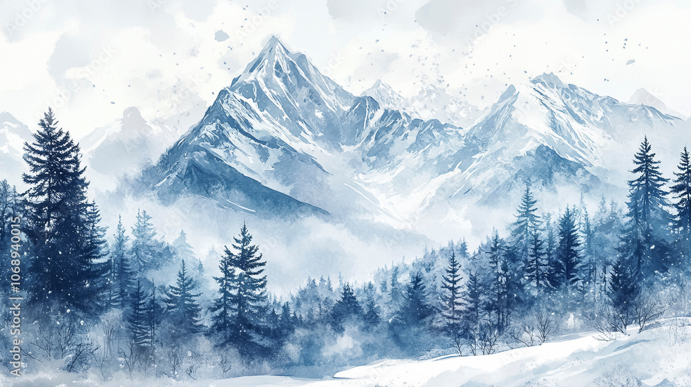 Obraz premium Winter Mountain Landscape in Watercolor