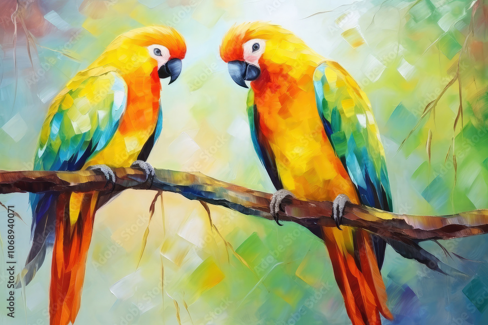 Obraz premium Colorful Parrots on Branch Artwork