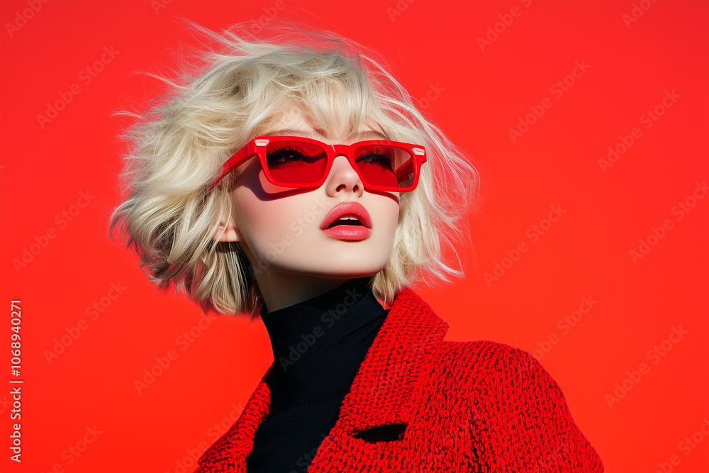 fashion portrait of a woman wearing red glasses fashion portrait of a woman wearing red glasses