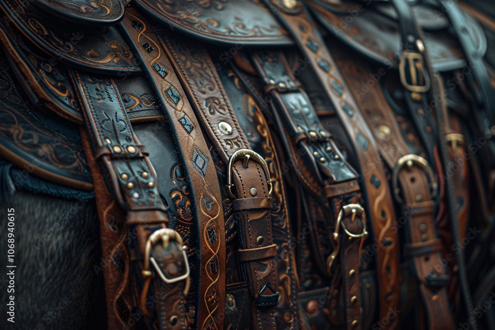 The image highlights the close-up of beautifully crafted leather saddles with intricate designs and buckles, reflecting skilled workmanship in a stable under bright daylight The image highlights the close-up of beautifully crafted leather saddles with intricate designs and buckles, reflecting skilled workmanship in a stable under bright daylight