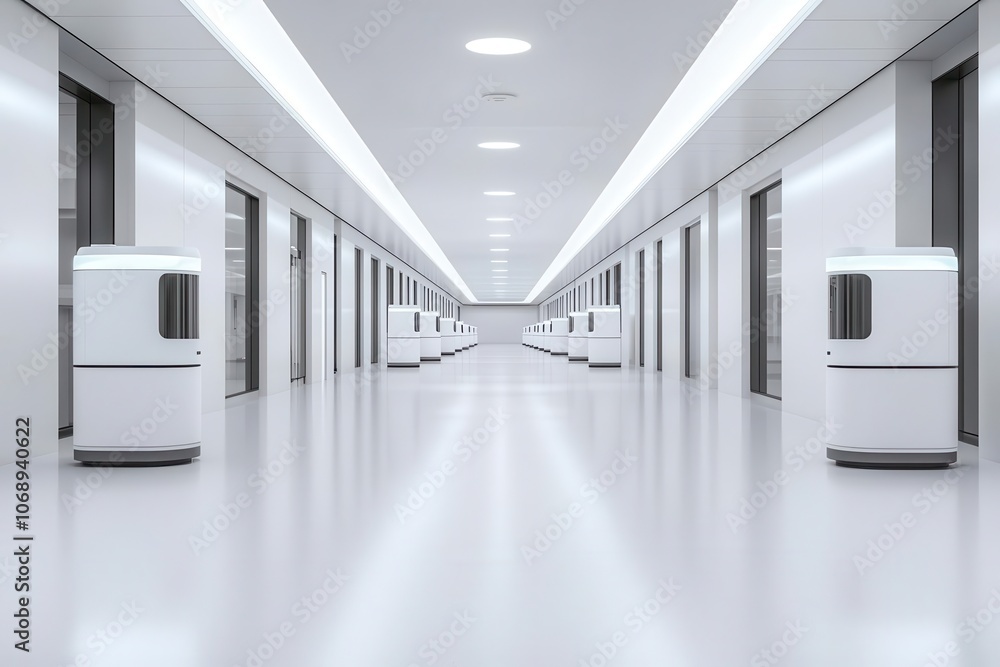 A sleek, modern corridor featuring rows of white refrigerators, emphasizing minimalist design and a futuristic atmosphere. A sleek, modern corridor featuring rows of white refrigerators, emphasizing minimalist design and a futuristic atmosphere.
