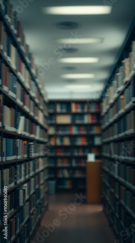 Abstract blurry interior environment of a public library with a room with bookshelves books library room