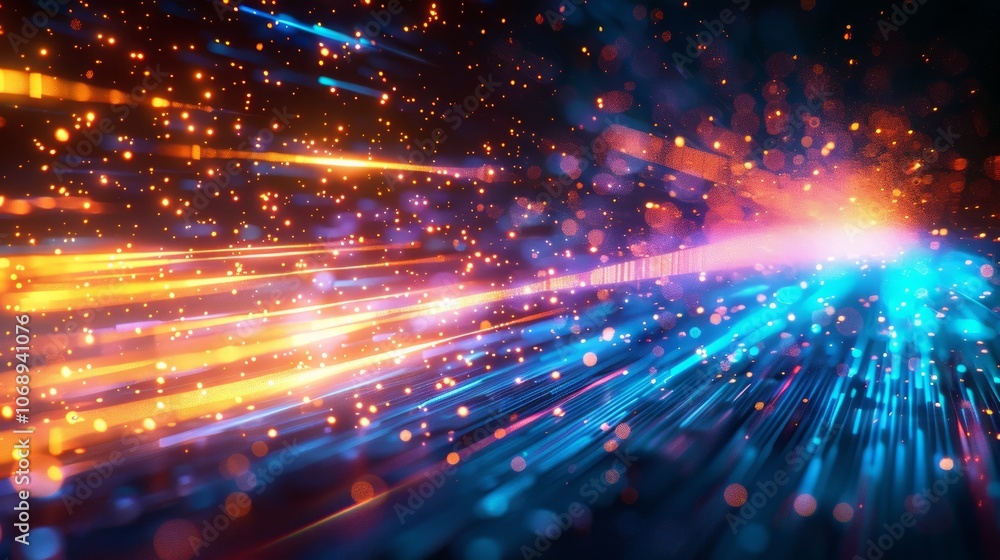 Fototapeta premium Abstract background with streaks of light in blue and orange with sparkling particles on a dark background.
