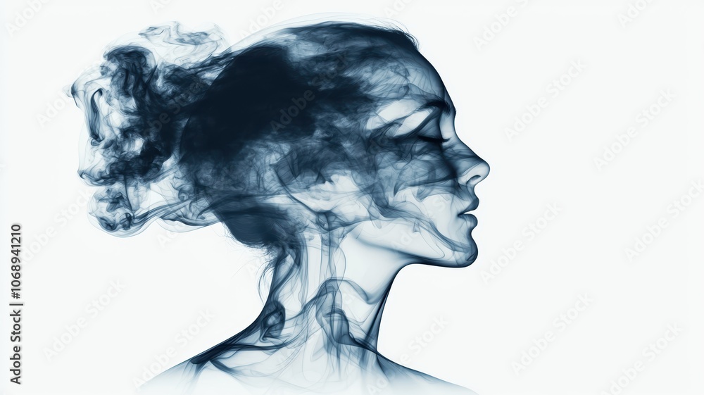 A serene silhouette of a woman profile, blended with flowing abstract forms, creating a dreamy and ethereal visual. A serene silhouette of a woman profile, blended with flowing abstract forms, creating a dreamy and ethereal visual.
