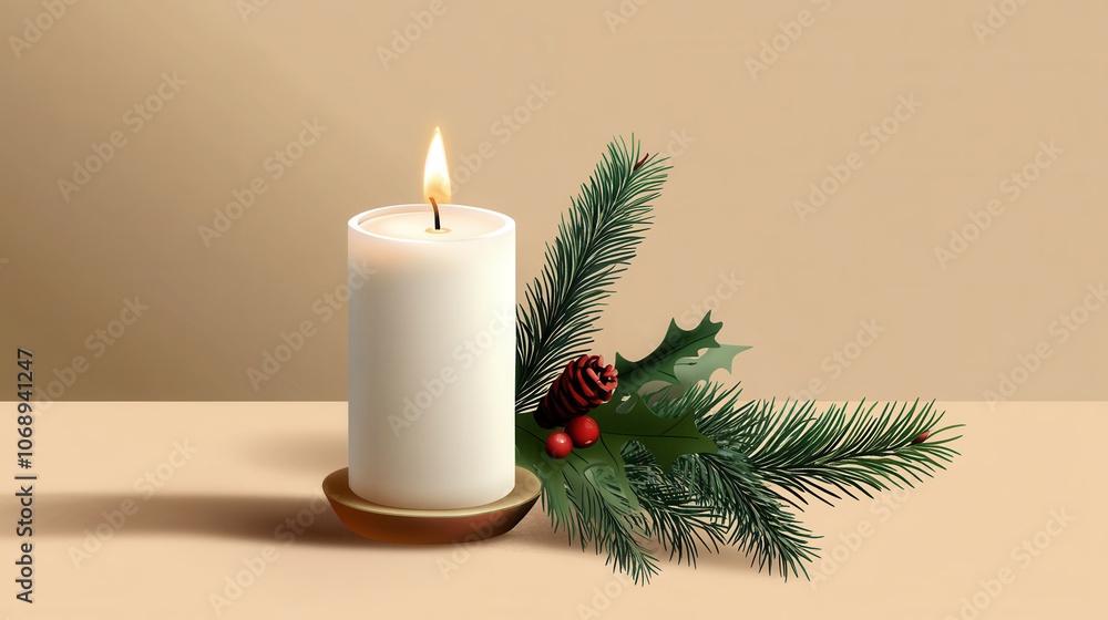 single candle with pine branch and holly creates warm and minimal festive atmosphere, perfect for holiday decor single candle with pine branch and holly creates warm and minimal festive atmosphere, perfect for holiday decor