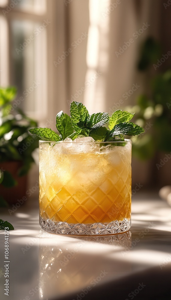 Refreshing Cocktail with Mint Garnish in a Glass Refreshing Cocktail with Mint Garnish in a Glass