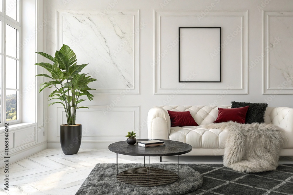 Fototapeta premium Cozy living room with blank black framed photo or logo mock up for presentation