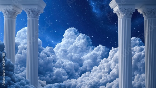 A serene scene featuring towering white columns amidst fluffy clouds under a starry night sky, evoking a sense of ethereal beauty and tranquility.