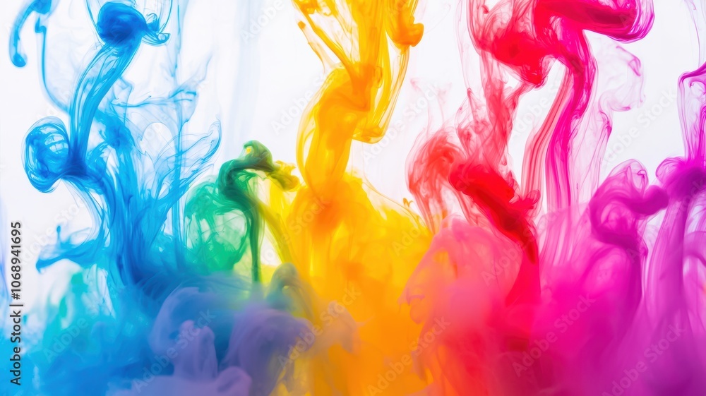 Obraz premium A vibrant, abstract swirl of colorful smoke in shades of blue, green, yellow, and pink against a bright white background.