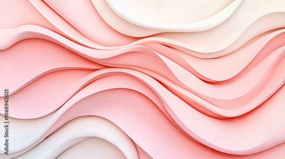 Obraz premium Abstract background with layered curved lines in gradient shades of pink and cream resembling flowing waves or ribbons with a smooth texture and soft pastel color palette.