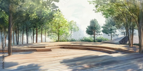 A beautifully crafted wooden deck terrace has a view of trees and an amphitheater featuring a wave design, as depicted in the sketch.