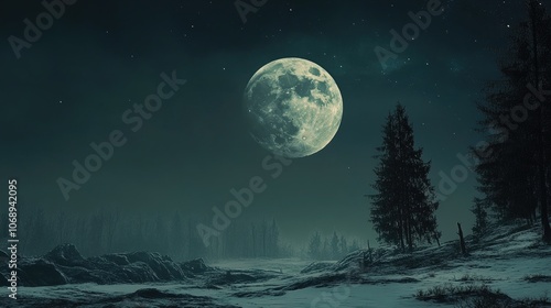 Moonlit landscape captured in a serene setting, highlighting the breathtaking elements of the moon amidst the vastness of the northern landscape, with ample copy space for text.