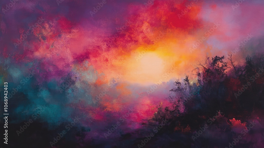 A vibrant abstract sunset sky with hues of pink, red, orange, yellow, teal and purple. A vibrant abstract sunset sky with hues of pink, red, orange, yellow, teal and purple.
