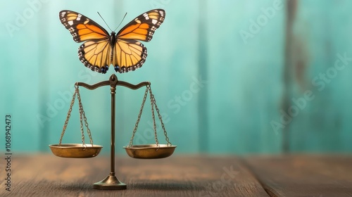 A butterfly flying above a scale, representing balance and ethical business practices photo