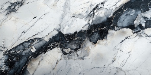 A panoramic background featuring white quartzite stone accented by dark veining and a marble like texture creates a visually striking appearance.